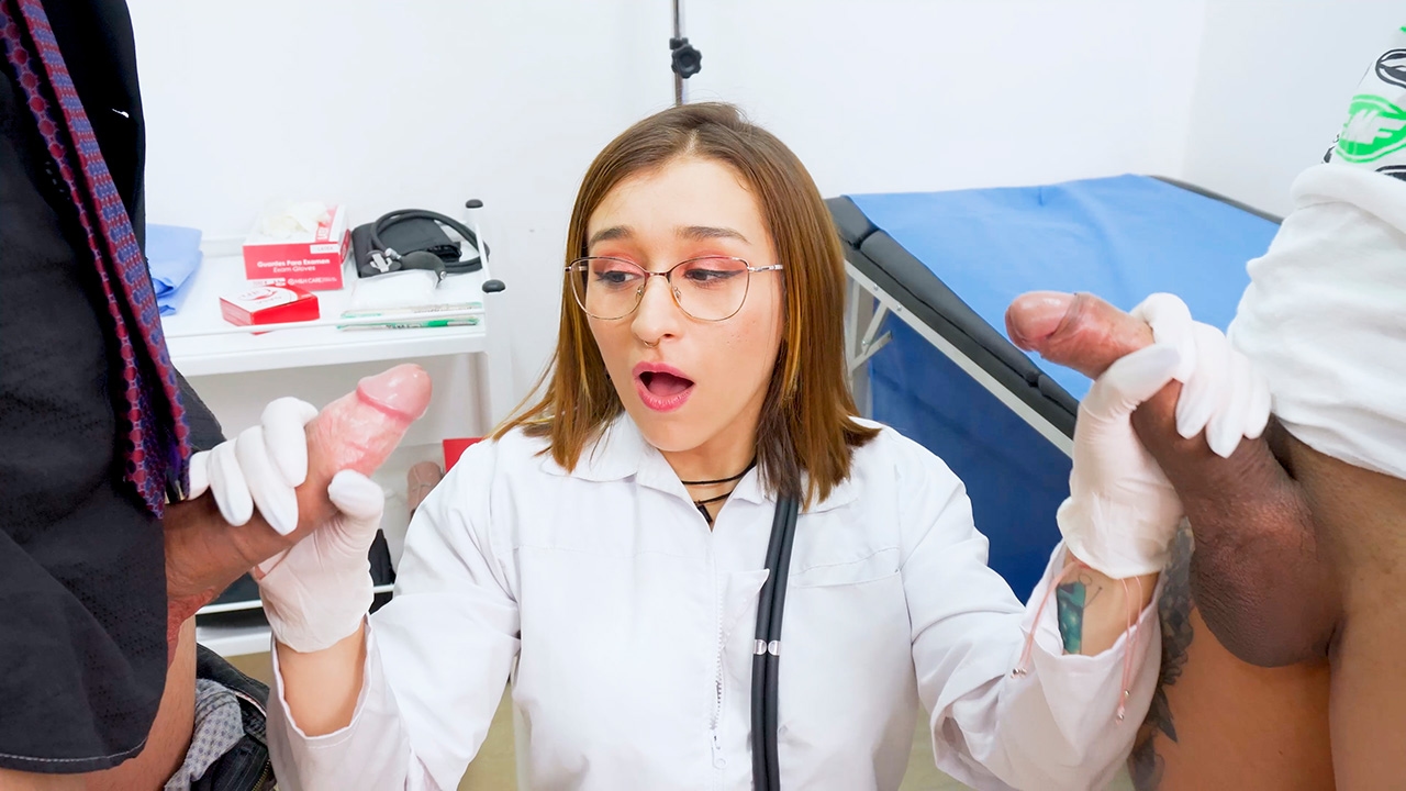 sexmex Latina Doctor never seen a big cock before and now she has two! . Leela Moon